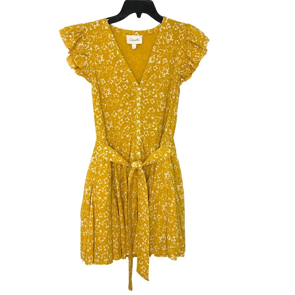 Cleobella Zia Mini Dress Sz S Cassia Yellow Print Tie Waist Boho Garden Fairy